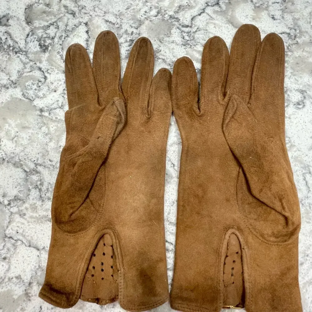Suede Leather Gloves Fawn Cognac buckles sz 6 1/2